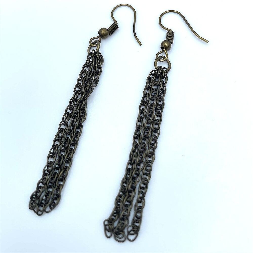 Vintage 90s Bronze Tone Multi Strand Chain Dangle Earrings Boho Women's Jewelry